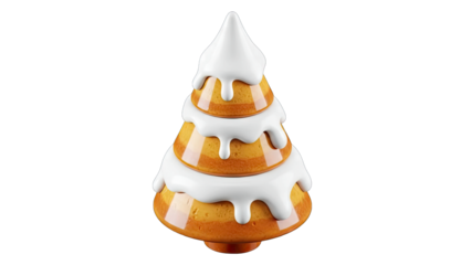 A Festive Tiered Cake Shaped Like a Christmas Tree Decorated with White Icing and Glaze Isolated on a Transparent Background