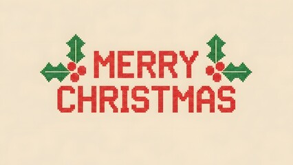 Merry christmas text with holly berries and leaves in vintage style