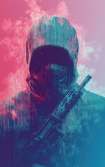 Abstract image of a figure armed with a rifle against a vibrant, stylized pink and blue background.