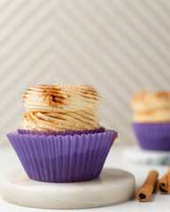 Close-up of a vanilla cupcake in a purple wrapper topped with swirled buttercream frosting and cinnamon dust, Vanilla cupcake with piped buttercream frosting in a purple liner