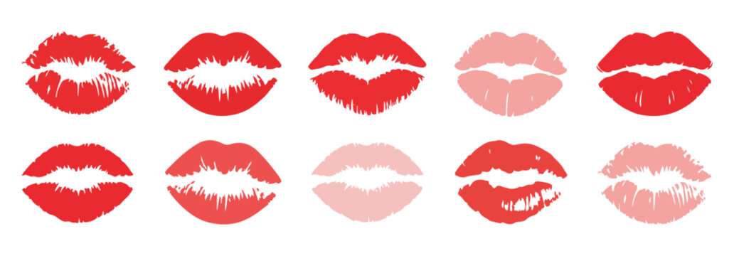 Collection of vibrant red and pink lips prints, showcasing various kiss marks
