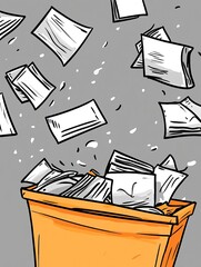 Overflowing Receptacle: A sketch of discarded sheets tumbling into a container against a gray backdrop.