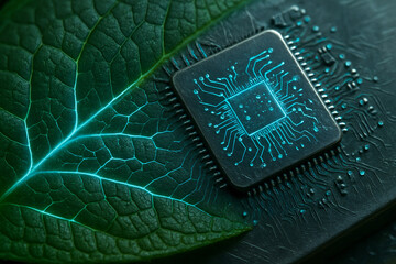 Mikrochip auf Blattstruktur als Symbol f&uuml;r gr&uuml;ne Technologie