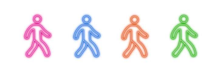 Obraz premium Neon glowing walking person vector icons set, human figure, movement, progress, pedestrian, vibrant colorful digital outline.