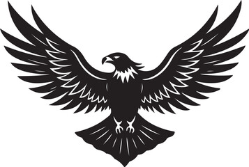 A striking black and white illustration of an eagle with wings spread wide
