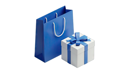 Blue Gift Bag and White Gift Box with Blue Ribbon and Bow Isolated on Transparent Background