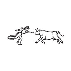 Cowgirl riding bull jumping over fence, dynamic action line art illustration