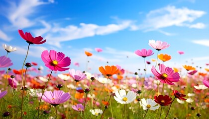 Colorful wildflowers in a field against a bright blue sky