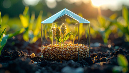 Greenhouse Concept: Emerging life inside transparent dome, symbolizing innovation in agriculture and sustainable farming, surrounded by soil and emerging crops.