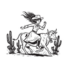 Cowgirl riding a bull with cacti in the background illustration