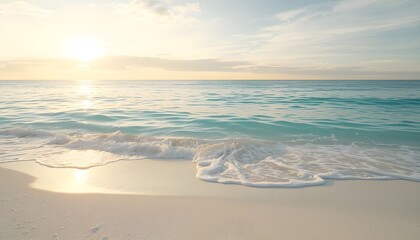 Fototapeta premium A serene tropical beach at sunset with gentle waves washing over soft white sand and warm golden light reflecting on the water.