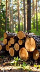 Stacked logs in a sunlit forest