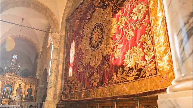 Sunlight illuminates ornate tapestry and religious icons inside a historic church interior