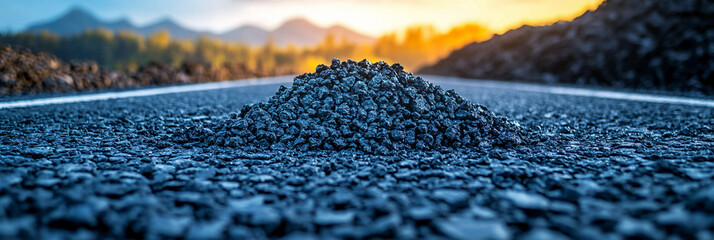Raw aggregate material on road surface during sunset Generative AI