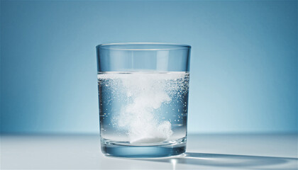 effervescent tablet dropping and rapidly dissolving in a clear glass of water creating fizzing bubbles and a cloudy white solution representing health, medicine, and wellness