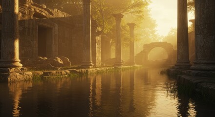 Sunlit ruins of a temple reflected in a still pool