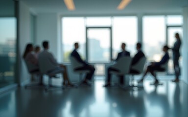 Business meeting in glass room office with blurred people background. High quality