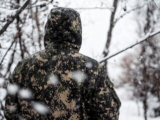 Camouflaged Figure in Winter: Back view of a person in camouflage jacket standing in a snowy woodland.