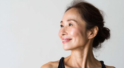 Smiling older woman looking away against a bright background.