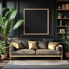 Dark home chill room interior with a couch and shelf, mockup frame providing a calm and relaxing environment, Generative AI