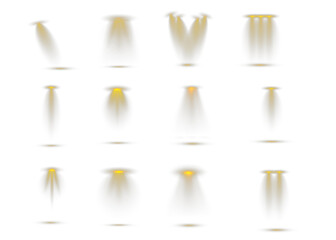 Soft golden spotlight casts radiant light with glowing edges and sparkling highlights. Smooth illumination conveys warmth and depth. Yellow spotlight PNG.