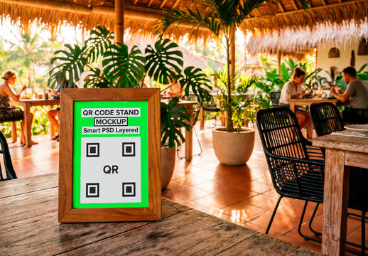 QR Code Stand Mockup in Tropical Restaurant