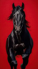 Striking black horse against a vivid red backdrop, captured in a powerful, head-on, dynamic pose.