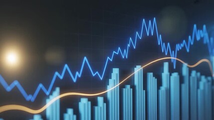 Bright blue stock market graph with orange trend line and bar chart on dark background with light flare - Powered by Adobe