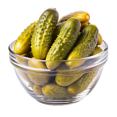pickled cucumbers in a glass bowl isolated on white background ,PNG. AI Generated