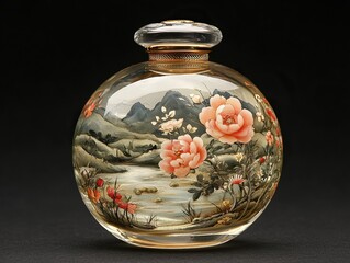 Intricately painted glass bottle with landscape and floral motifs against a dark, elegant backdrop.