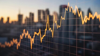 Orange stock market graph overlayed on a blurred cityscape at sunset with grid lines finance chart - Powered by Adobe