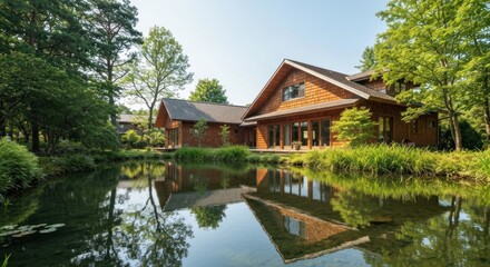 Obraz premium Tranquil wooden house reflects in a pond, surrounded by lush greenery