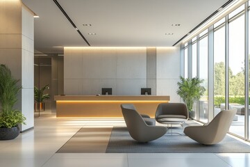 Modern business interior with workspace and a PC computer, panoramic window providing natural light and an inspiring atmosphere, Generative AI
