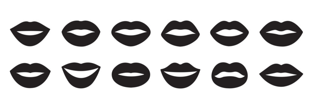 Set of black lip icons showing different mouth shapes and human facial expressions