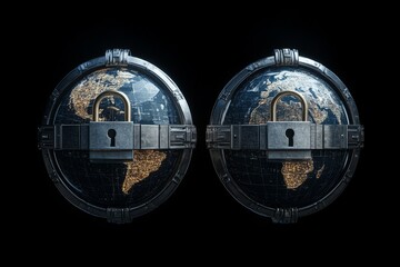 Earth sphere and cybersecurity shield with padlock, symbolizing digital protection and secure information management, Generative AI