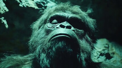 Low-angle shot of a large, thoughtful ape with dark fur, showcasing its facial details and serene expression.