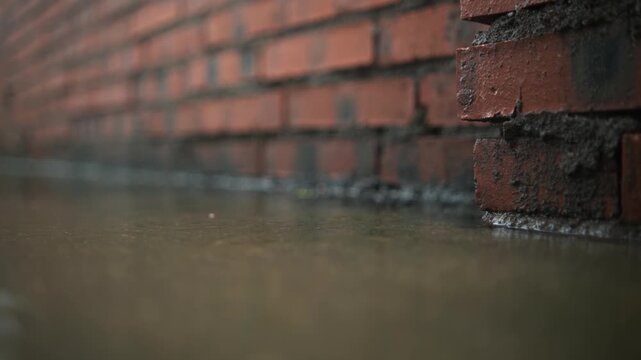 Heavy Rain Against Red Brick Wall During Thunderstorm