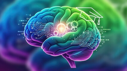 Bright and colorful depiction of brain with illuminated circuits and digital overlays in neon tones