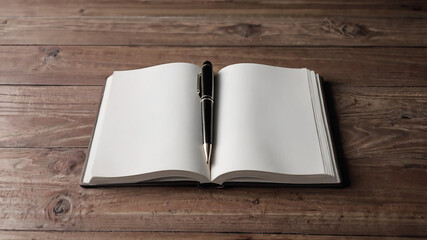 Open notebook with pen resting on pages and wooden table background