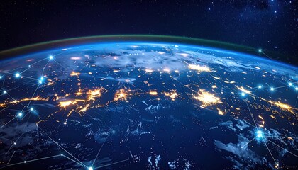 Global network connections across Earth from space at night.