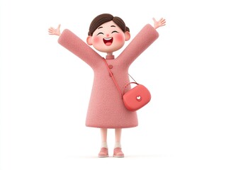 Cheerful cartoon girl joyfully raising arms, radiating happiness in a pink dress and matching purse on white background.