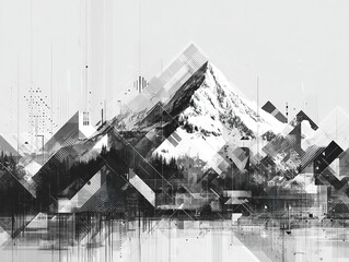 Geometric Mountainscape: A monochromatic mountain scene blends natural beauty with abstract geometric art.