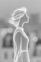 Ethereal Woman: Glowing outline of a woman with windswept hair, gazing thoughtfully at an out-of-focus background.
