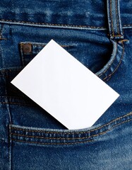Blank White Card Partially Inside Denim Jeans Pocket, Close-Up View