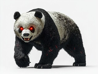 A striking panda with intense red eyes walking forward. The animal is on a plain, light background.