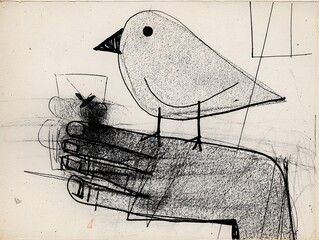 Sketch of a bird standing on an open hand, simplistic design with visible charcoal and pencil strokes.