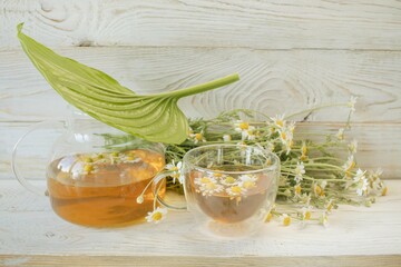 Fresh chamomile tea in a teapot and cup with flowers. Soothing chamomile tea with natural ingredients. 