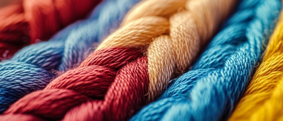 Fototapeta premium Macro view of colorful embroidery threads in various shades, showcasing the texture and vibrancy of crafting materials