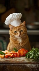 Chef cat prepares a meal with fresh produce. Adorable feline wears a chef's hat next to vegetables.
