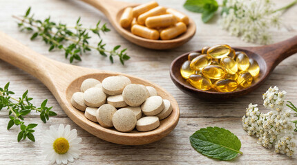 Assortment of natural health supplements, vitamins, herbal pills, and softgels with fresh mint on a dark background
